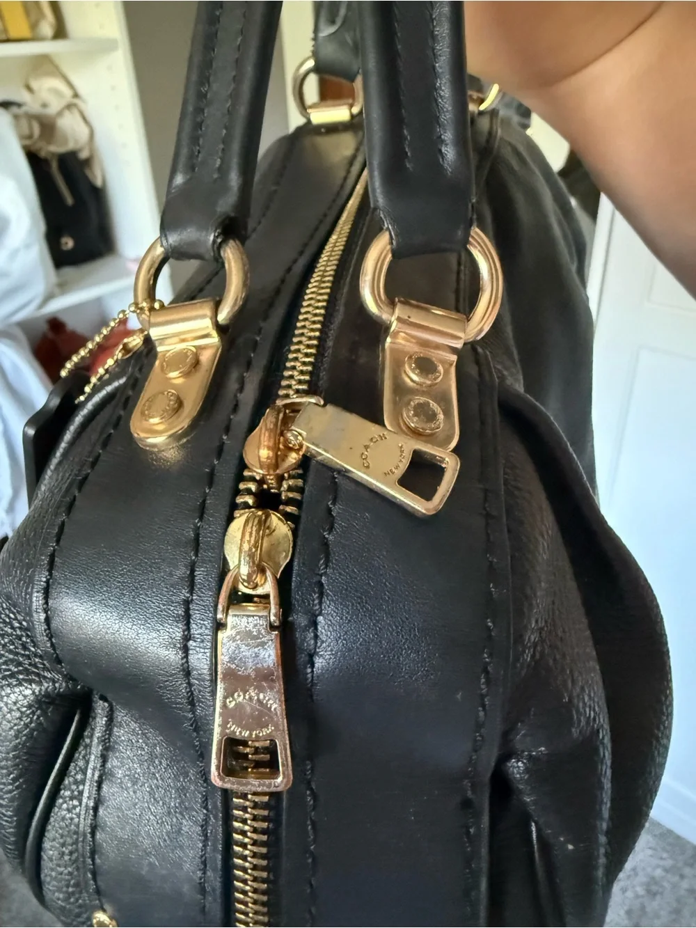 Coach Lane Satchel Black Pebbled Leather Satchel with Gold Hardware